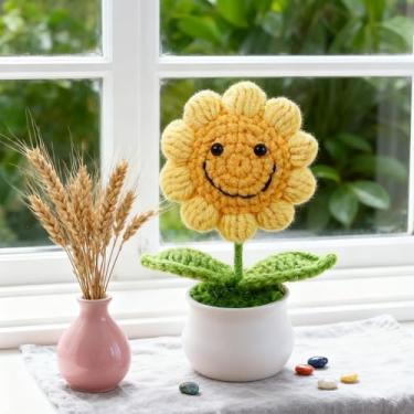 Imagem de Girassol cravejado à mão em vaso, rosto sorridente, decoração de flor amarela, decoração de casa de malha artesanal