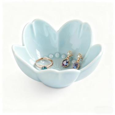 Imagem de BESSKON Bandeja de joias com anel de flores, prato de joias de cerâmica, bandeja pequena fofa, suporte de anel de decoração de banheiro, tigela de prato de joias para Natal, amizade, presentes de