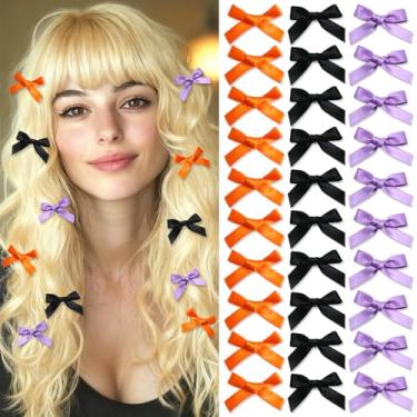 Imagem de SAWINDA 30 peças de mini laços de cabelo roxos, laranjas, pretos, pequenos presilhas de cabelo, laços de cetim de seda fofos para cabelo, presilhas de laço, fita de bico de pato de metal, acessórios
