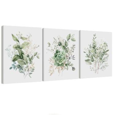 Imagem de STHTTSW Arte de parede de banheiro verde sálvia, arte em tela com folhas de plantas botânicas, arte de parede de quarto 28 x 35 cm