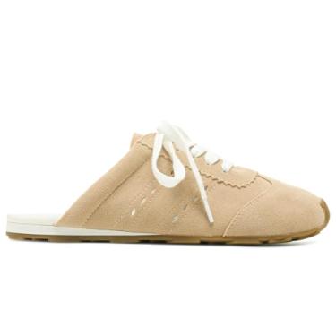 Imagem de ETPSJKR Tênis feminino de camurça, bico redondo, cadarço, sem cadarço, mula, casual, frente única, chinelo confortável, elegante, para escritório, Caqui, 39