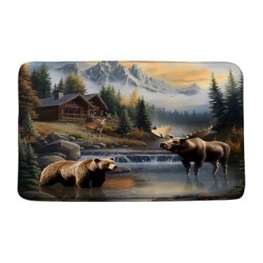 Imagem de HWSSHW Tapete de banho rústico com urso, alce, veado, campo, cabana, caça, lago, vida selvagem, montanha, floresta, acampamento, trailer, microfibra, espuma de memória, decoração de banheiro, tapetes