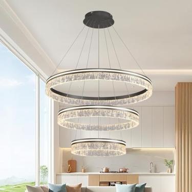 Imagem de Lustre LED moderno com corpo em acrílico texturizado com detalhes dourados, luminária pendente grande para sala de estar, restaurante, com intensidade regulável, ideal para ilha de cozinha,