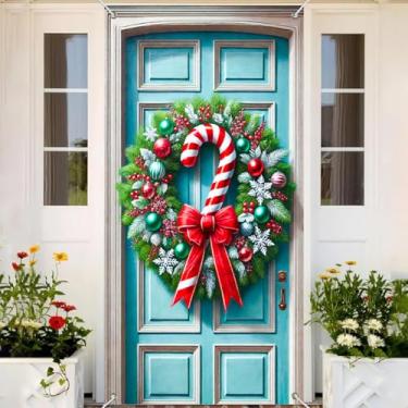 Imagem de BlissYard Capa de porta de guirlanda de bengala doce, faixa de Natal de 188 x 89 cm, para decoração interna e externa, grande pano de fundo de férias com arco de hortelã-pimenta vermelho branco