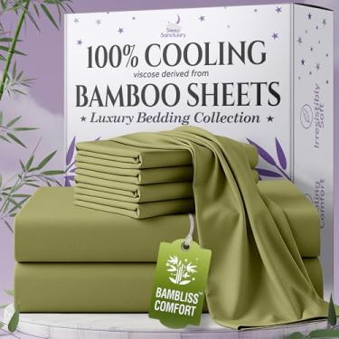 Imagem de SLEEP SANCTUARY Viscose 100% orgânica derivada de lençóis de bambu tamanho casal 6 peças - ultra macio e refrescante, bolso profundo de 43 cm, costura dupla, perfeito para quem dorme quente - Lençóis