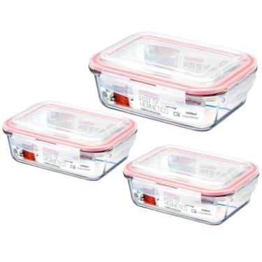 Imagem de kit 3 Potes Vidro Hermética 1040ml, Retangular com tampa Vedação de Silicone, Conjunto Marmita - Armazenamento Alimentos Seguro e Versátil, Grande Freezer e Micro-ondas