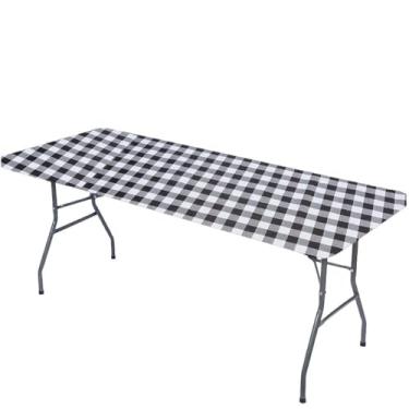 Imagem de GORGECRAFT Toalha de mesa retangular de PVC, tartan, impermeável, elástica, lavável, para mesa de piquenique, toalha de mesa xadrez preta e branca para piquenique ao ar livre, festas de cozinha