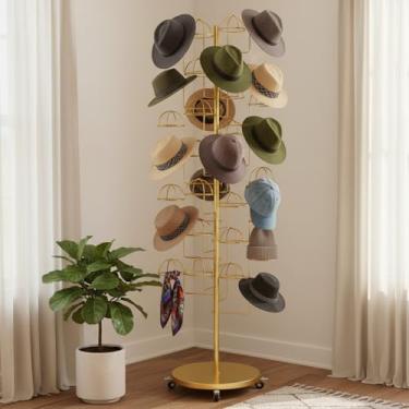 Imagem de HEOTJUUQ Suporte de exibição de chapéus de metal com 30 ganchos ajustáveis, suporte para chapéus, expositor para loja de varejo em casa, organizador de chapéus, para touca de peruca (ouro)