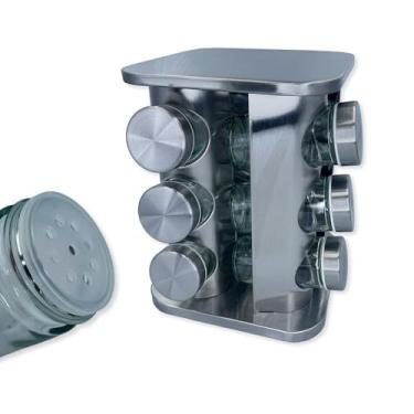 Imagem de Porta Temperos e Condimentos Giratório em Inox com 12 Potes de Vidro, Organizador Rotativo para Cozinha