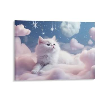 Imagem de HouLaiZhe Pôster de animal bonito gato branco rosa lona estética pôsteres decoração de quarto pintura de parede galeria decoração de parede para quarto sala de estar escritório 20 x 26 polegadas (50 x