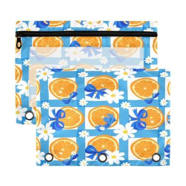Imagem de Wassud Bolsa de lápis para fichário de 3 anéis Crie um padrão sem costura com fatias laranjas-decoradas-com-arcos azuis e margaridas brancas em um azul - um estojo com zíper adequado para fichários