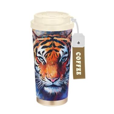 Imagem de YETTASBIN Caneca de café vibrante Tiger com isolamento térmico de 482 g com tampa canudo, copo à prova de derramamento e vazamento com alça para bebida quente e fria, garrafa de água de aço inoxidável
