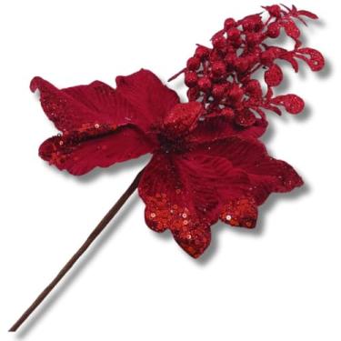 Imagem de Flor Natalina Artificial, 62cm com Frutinhas e Brilho em Glitter | Enfeite Natalino de Luxo para Árvores, Guirlandas e Arranjos | Decoração para Festas e Final de Ano