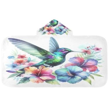 Imagem de Burbuja Toalha de banho com capuz de flores tropicais beija-flor para crianças, toalha de praia de pelúcia macia absorvente para meninas e meninos 3-10 anos, 61 x 127 cm