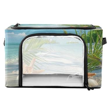 Imagem de xigua Cena de praia com caixas de armazenamento de roupas de folhas de palmeira com moldura de metal em forma de fixação, 2 formas de abertura, caixa organizadora de roupas dobrável com janela