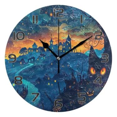 Imagem de YETTASBIN Relógio de parede de castelo de Halloween, silencioso, sem tique-taque, operado por bateria, relógio redondo decorativo criativo para cozinha, sala de estar, banheiro, decoração de