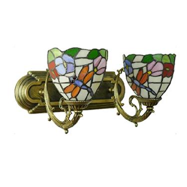 Imagem de Luminária de parede estilo Tiffany com libélula, vitral Morning Glory, estilo vintage, com múltiplos braços e espelho frontal para maquiagem, ideal para banheiro e corredor.