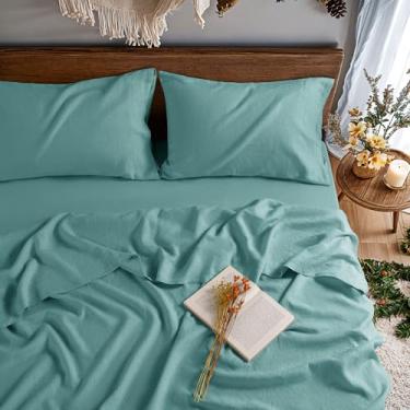 Imagem de REDASW Jogo de lençol 100% linho francês casal 4 peças com bolso profundo 40,6 cm lençol com elástico respirável luxuoso macio todas as estações (água, casal)