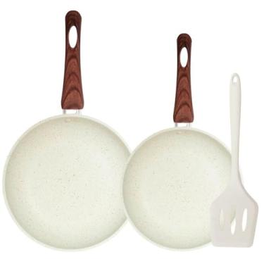 Imagem de Jogo de 2 Frigideiras Antiaderentes com Espátula de Silicone, Revestimento Cerâmico, 24cm e 20cm, Cabo Ergonômico, Bege, 930g