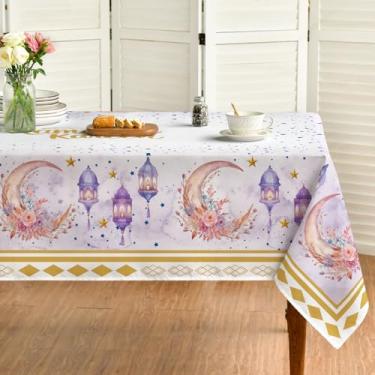 Imagem de Horaldaily Toalha de mesa Ramadã retangular de 152 × 300 cm, rosa e dourada, estrela da lua Eid Mubarak, toalha de mesa lavável do Ramadã Mubarak para decoração de festa e jantar