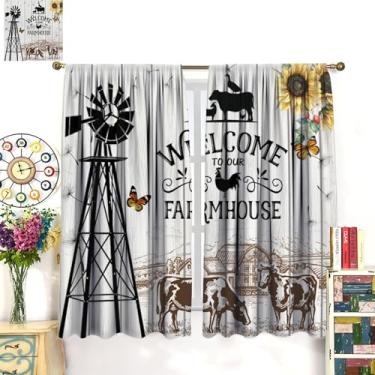 Imagem de BenYaSong Cortinas rústicas fazenda fazenda moinho de vento celeiro vintage campo girassol de madeira para casa cozinha sala de estar sala de estar cortina janela 2 painéis 106.7 cm L x 114.3 cm C