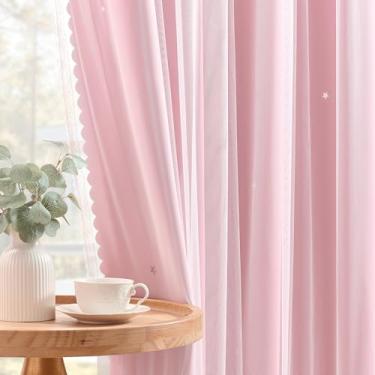 Imagem de XiDi Cortinas rosa claro para quarto de criança, meninas, 2 painéis, cortinas blackout de camada dupla com sobreposição transparente de 182 cm de comprimento para quarto de princesa, decoração de casa