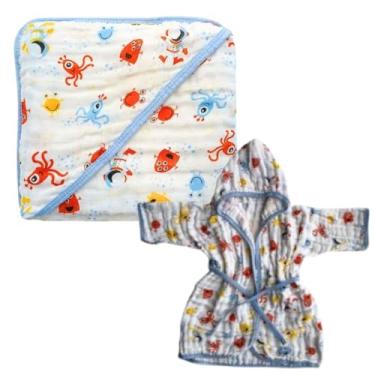 Imagem de Toalha de Banho Bebe com Capuz de Fralda Soft + 1 Roupão com Capuz Soft 100% algodão Enxoval (Monstrinho)