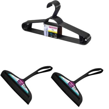 Imagem de Conjunto de 2 Rodo Plástico Multiuso Preto com Raspador 18cm + 1 Cabide Plástico Adulto Roupas Médias – Leve 6 Pague 5