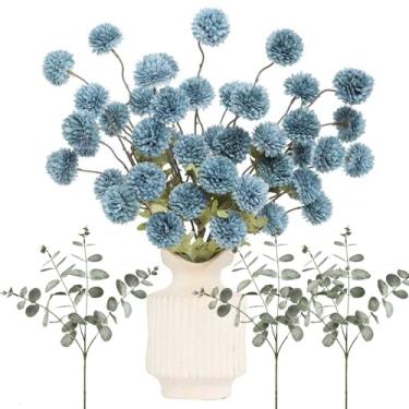 Imagem de DuHouse Flores falsas para vaso Kiku 8 hastes e 3 eucaliptos, hastes de flores falsas para buquês de casamento faça você mesmo, centro de mesa, decoração de cozinha