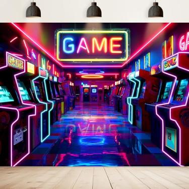 Imagem de Imirell Jogo de arcade neon pano de fundo 20 x 1,8 m de altura com tema retrô para jogos, sala de jogos, sala de jogos, moderno, tecido de poliéster para meninos, fotografia, decoração de sessão de
