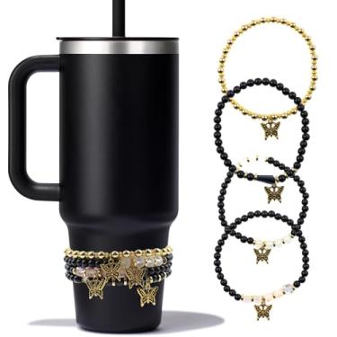 Imagem de Pulseiras para acessórios Stanley Cup, 4 peças de acessórios de copo Stanley rosa borboleta, adequado para copos de 1,134 g e 850 g com alça (preto)