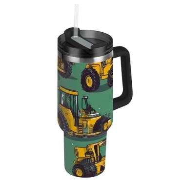 Imagem de Joisal Copos com tampas e canudo amarelo escavadeira impressão copo com alça 1,134 g rosa bonito garrafas de água isolado copo de aço inoxidável para quente e frio