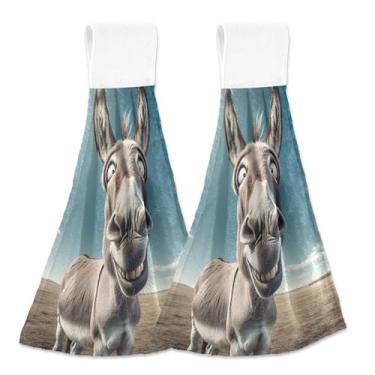 Imagem de Toalhas de mão de cozinha com laço para pendurar, conjunto de 2 toalhas de banheiro de burro engraçadas, absorventes e macios, decoração de cozinha moderna, 46 x 35 cm