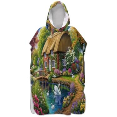Imagem de Joisal Cisnes brancos coloridos flor floral poncho para adultos trocador roupão de praia com capuz toalha de banho leve masculino poncho com capuz