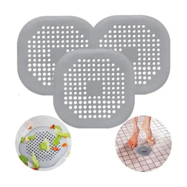 Imagem de Pacote com 3 coletores de cabelo com tampa de ralo de silicone de 14 cm - Quadrado plano, com ventosa | para banheiro/cozinha (chuveiro/banheira/pia) coadores de drenagem para casa