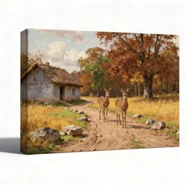 Imagem de Arte de parede em tela, paisagem de floresta de veado no outono, impressão de pintura a óleo de casa de campo rústica, decoração rústica de casa de fazenda para sala de estar ou entrada, pronto para