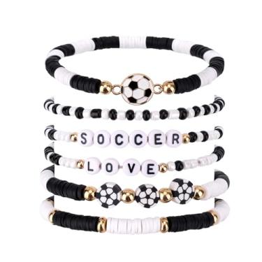Imagem de 6 Peças Love Soccer Pulseiras, Empilháveis Elásticas Esporte Argila Miçangas Pulseira Set para Mulheres Fãs de Futebol Gameday Joias Presentes