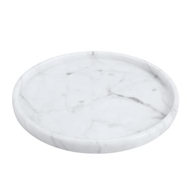 Imagem de Bandeja decorativa redonda de mármore com almofadas antiderrapantes, 20 cm de diâmetro, organizador de vaidade de pedra branca natural