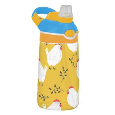 Imagem de Garrafa de água esportiva infantil amarela branca com desenho animado para escola, 473 ml Tritan 473 ml garrafa de água com canudo, copo infantil reutilizável à prova de vazamento, alça de transporte