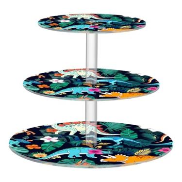 Imagem de Suporte de cupcake de 3 camadas, dinossauros coloridos, folhas verdes, exibição de torre de cupcake de acrílico, bandejas de servir para festas, sobremesas, decoração de mesa, organizador
