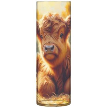 Imagem de Vaso cilíndrico de pintura de girassóis de vaca Highland Vaso de flores personalizado bonito vaso alto plástico decorações de outono para casa, 30 cm x 9,9 cm
