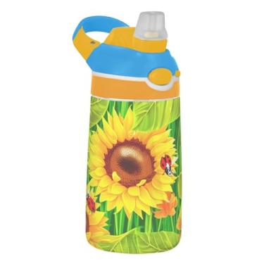 Imagem de Garrafa de água infantil Tritan de 473 ml, à prova de vazamento, 473 ml, com canudo, copos de viagem reutilizáveis portáteis para crianças, alça de transporte, girassóis amarelos e folhas verdes