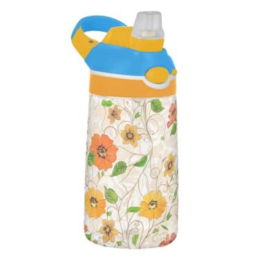 Imagem de Garrafa de água Tritan de 473 ml com canudo para crianças, meninas, meninos, garrafa de água esportiva reutilizável de 473 ml, copo infantil portátil à prova de vazamento, alça de transporte, flores
