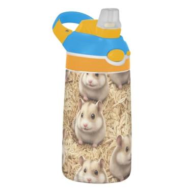 Imagem de Garrafa de água esportiva infantil de 473 ml com tampa de palha, garrafa de água Tritan portátil de 473 ml, copo infantil reutilizável à prova de vazamento, alça de transporte, lindos hamsters bege
