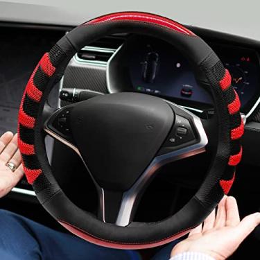 Imagem de NICEASY Capa de volante de couro preto estilo esportivo com acessório de volante de aderência de espinha de peixe vermelho, ajuste universal volante de 36,8-38,7 cm