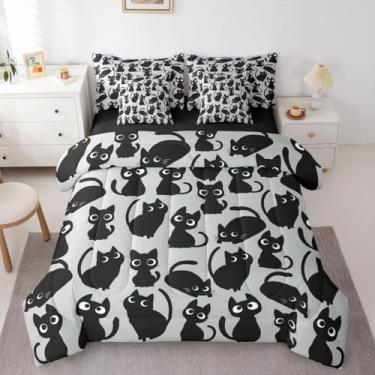 Imagem de Erosebridal Jogo de cama engraçado de 7 peças de gatos pretos (cinza e preto) | Jogo de cama de gato fofo em uma bolsa para adolescentes, meninos, meninas, conjunto de edredom com lençol kawaii e