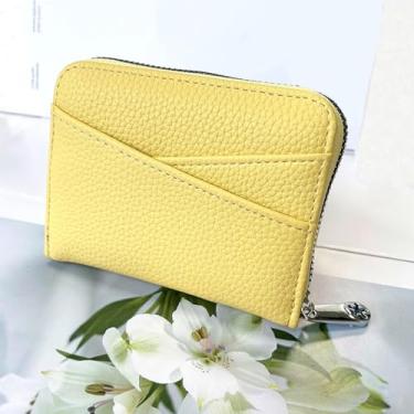 Imagem de Carteira feminina pequena de couro sintético, resistente à água, porta-cartões de crédito com bolso para moedas, Amarelo, Tendência