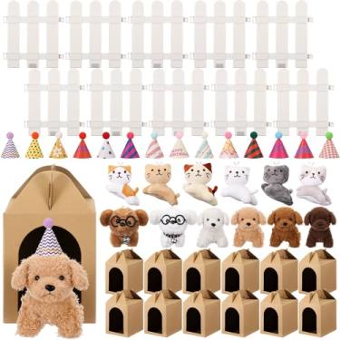 Imagem de Soulchen 12 Set Adopt a Party Favors Puppy Mini Plush Cat Stuffed Small Animals & Kraft Paper Open Boxes & Fence & Cone Cake Birthday Hats for Animal Theme Birthday Party Gift