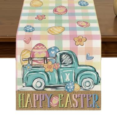 Imagem de HIUCUS Caminho De Mesa Com Margaridas E Caminhão Ovos Cenoura Feliz Páscoa 13 X 72" Rosa Amarelo Búfalo Xadrez Primavera Cozinha Jantar Decoração Para Interior Ao Ar Livre Fazenda Casa Festa Zq105