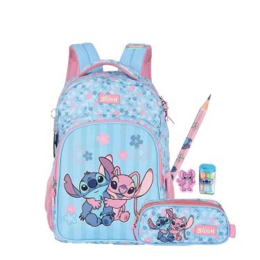 Imagem de Kit Mochila Stitch Costas E Estojo Triplo Kids Escolar Rosa